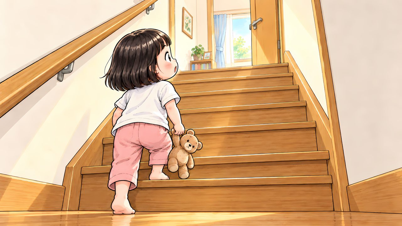 みおな 3歳「「何があるんかな」と階段を上る」のイラスト