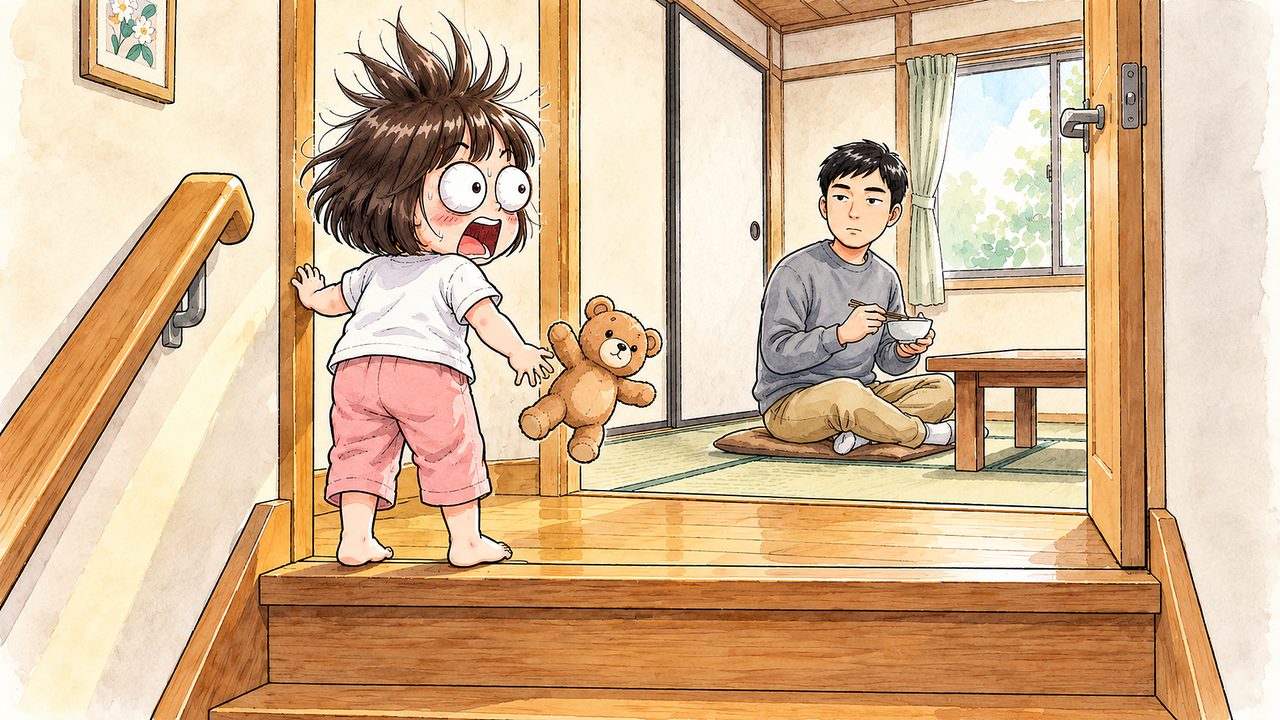 みおな 3歳「2階に上がったら、知らない人（韓国人の男性）がいた」のイラスト