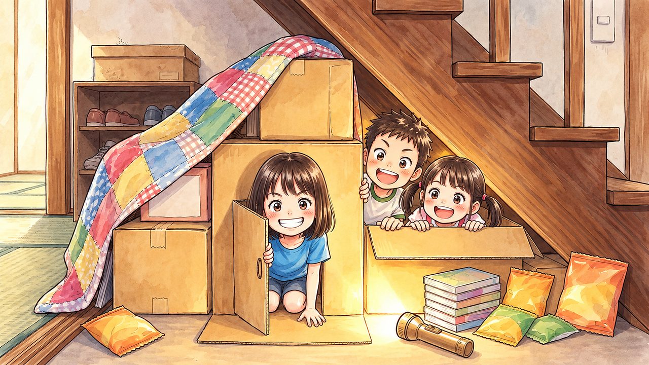 みおな 8歳「おばあちゃんの家の階段下に、段ボールの秘密基地を作る」のイラスト