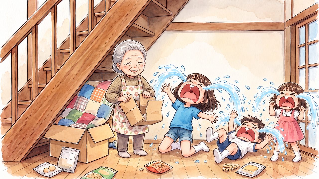 みおな 8歳「おばあちゃんに秘密基地を片付けられて大泣き」のイラスト
