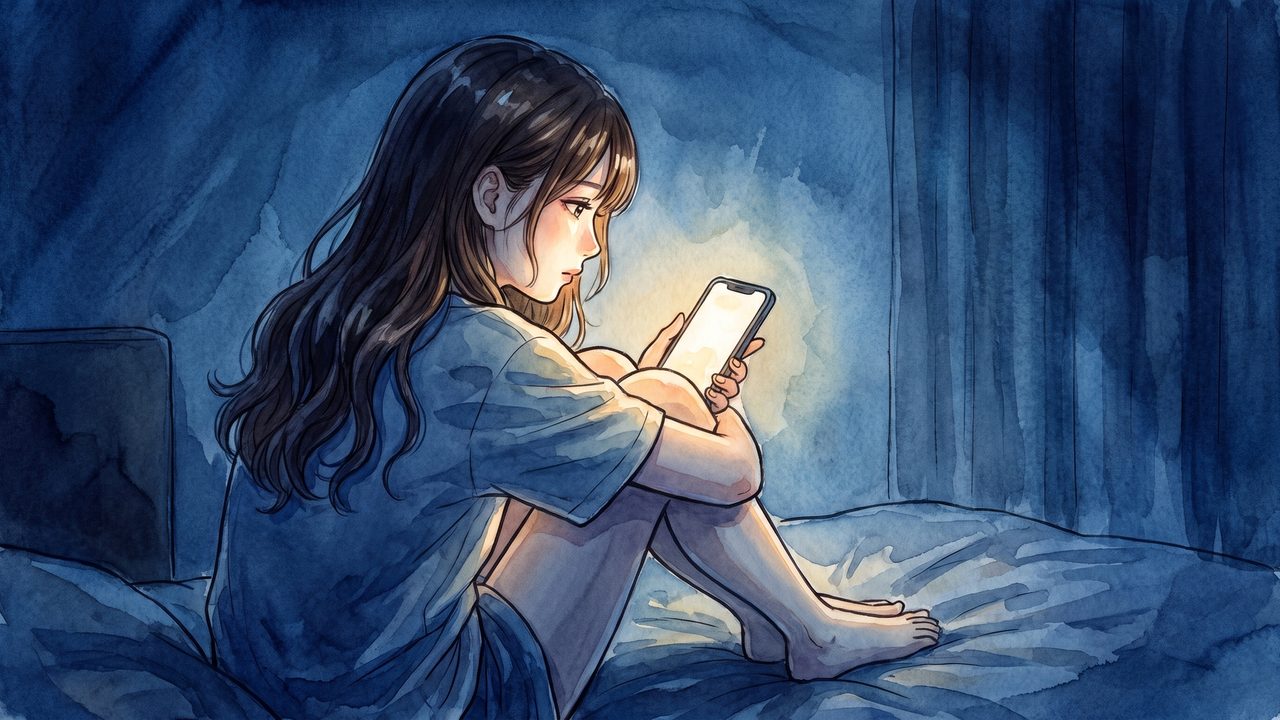 みおな 16歳「夜、ひとりでスマホを見つめる」のイラスト