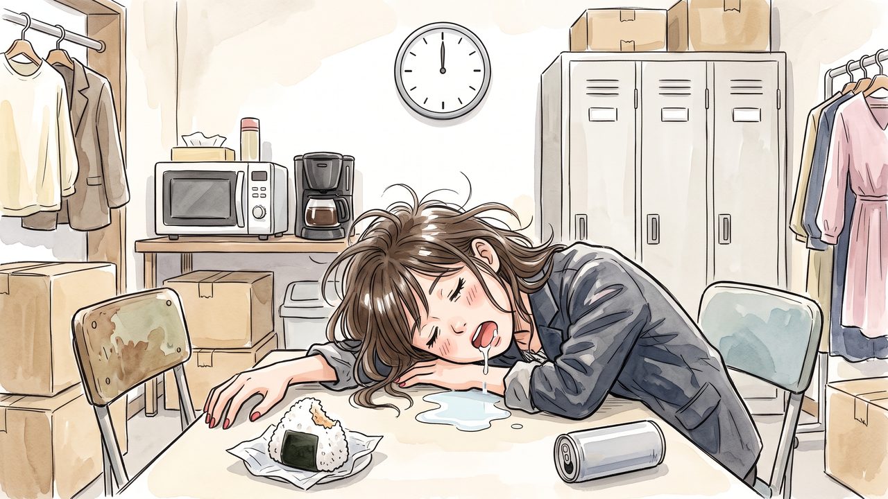 みおな 19歳「アパレルの休憩室で爆睡」のイラスト