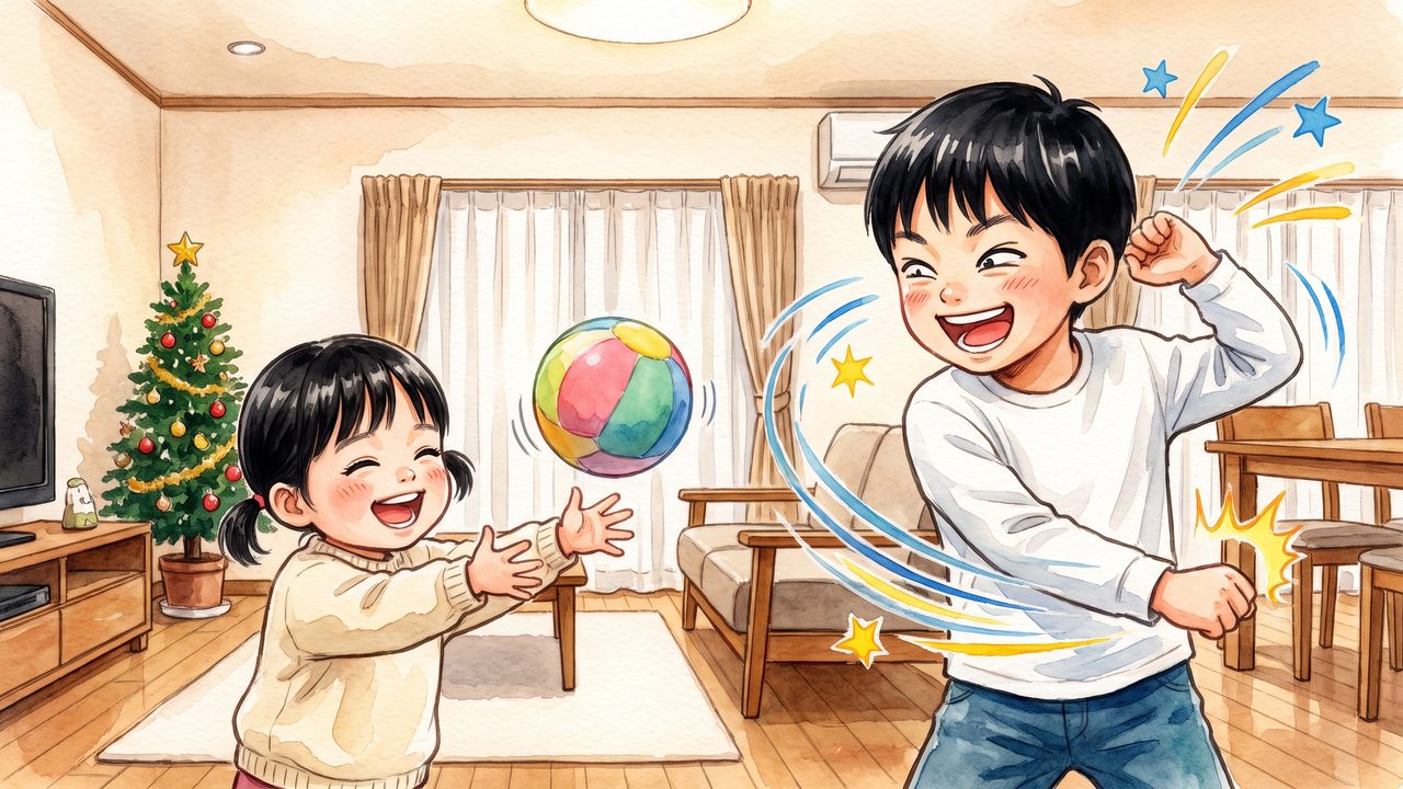 水瀬すい 3歳「クリスマスの日、兄とボール遊び」のイラスト