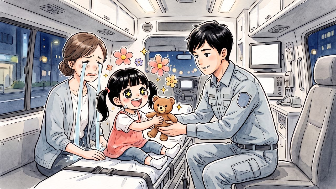 水瀬すい 3歳「救急車でぬいぐるみをもらって、ケロッと泣き止む」のイラスト