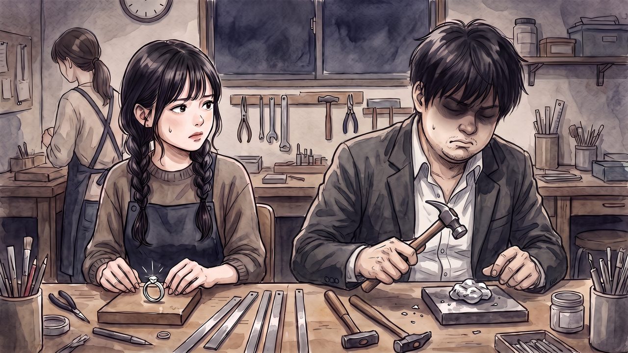 水瀬すい 19歳「ペアリング作りの工房で気まずい空気」のイラスト