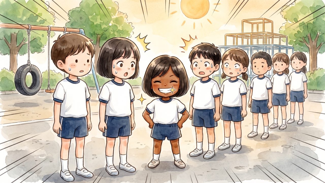 一本鎗優 小学生「学年でいちばん日焼けで黒い」のイラスト