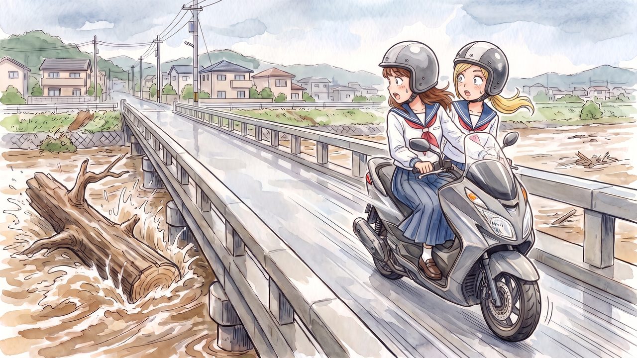 一本鎗優 17歳「二人乗りで、川に流れる丸太に見とれる」のイラスト
