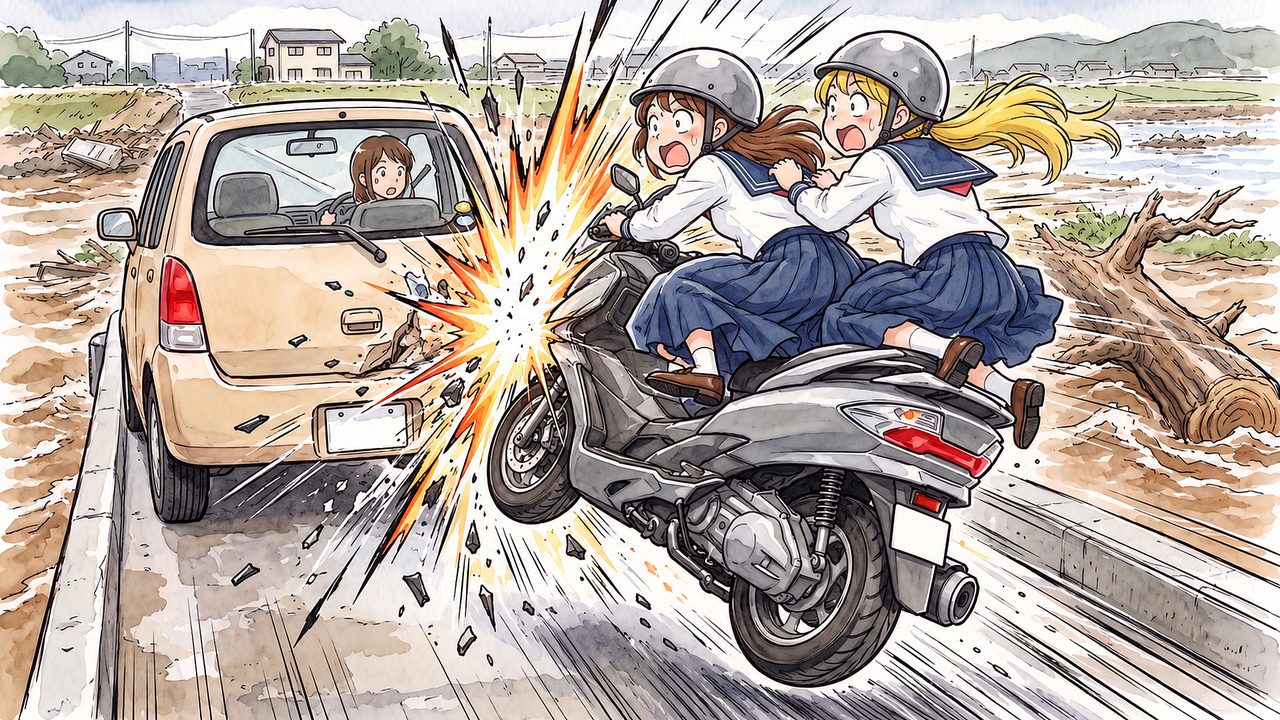 一本鎗優 17歳「二人乗りのスクーターで、前の車に追突」のイラスト