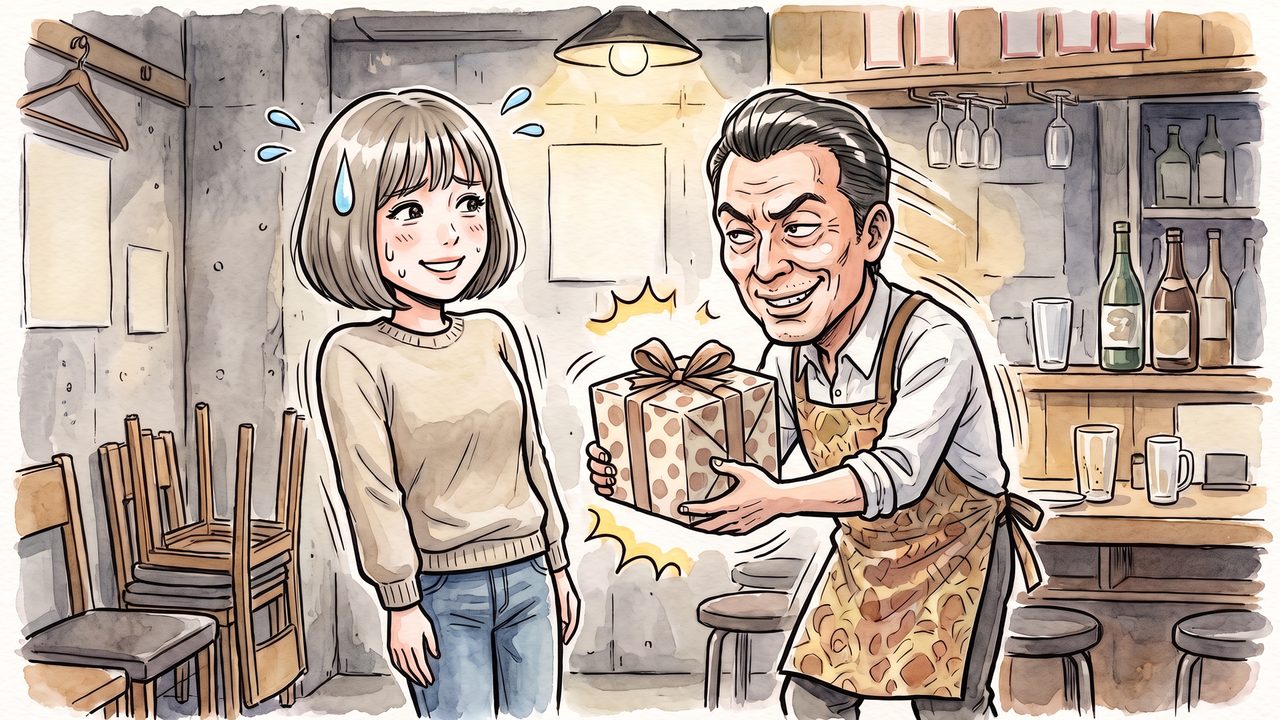 一本鎗優 18歳「バイト先の店長から送別品をもらう」のイラスト