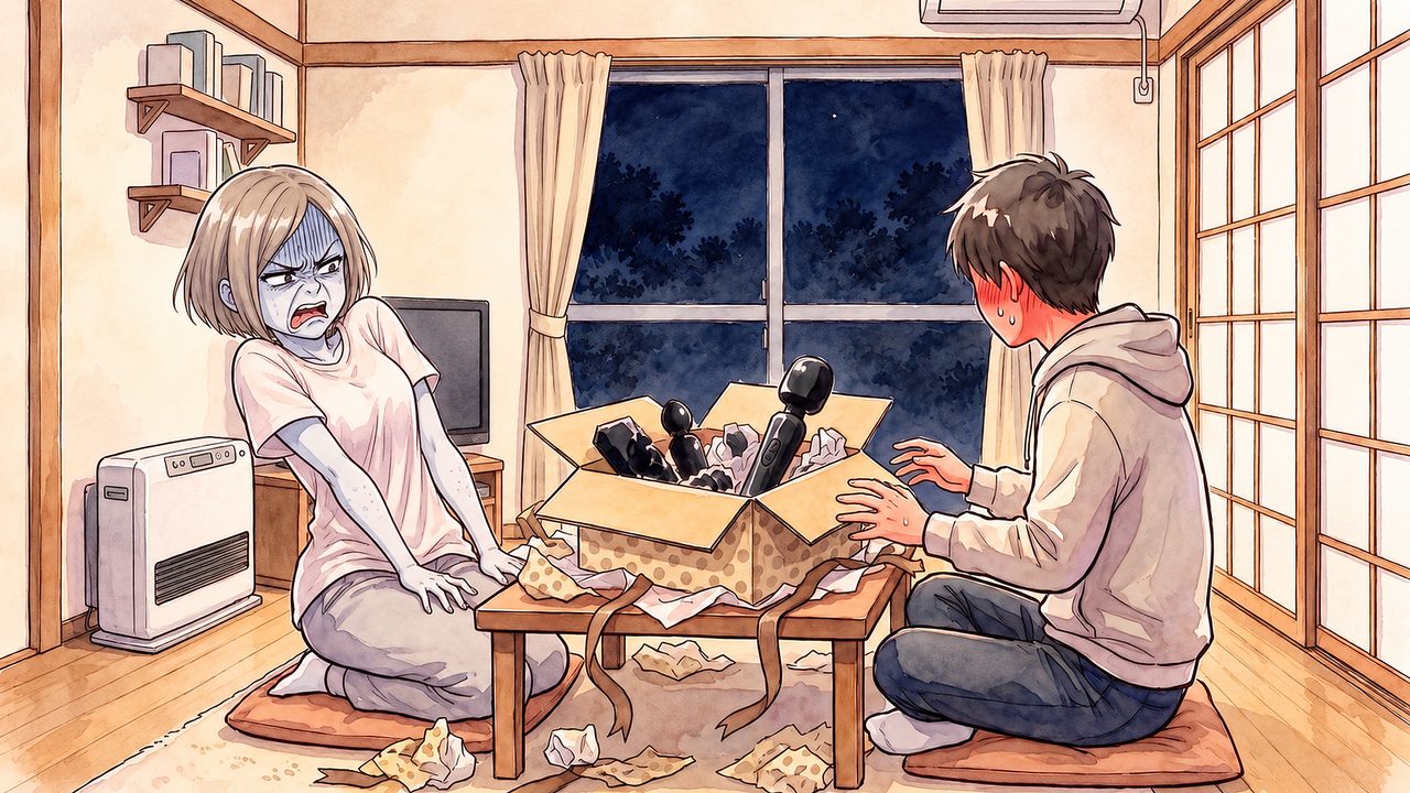 一本鎗優 18歳「箱を開けたら…（中身は本編でモザイク）」のイラスト